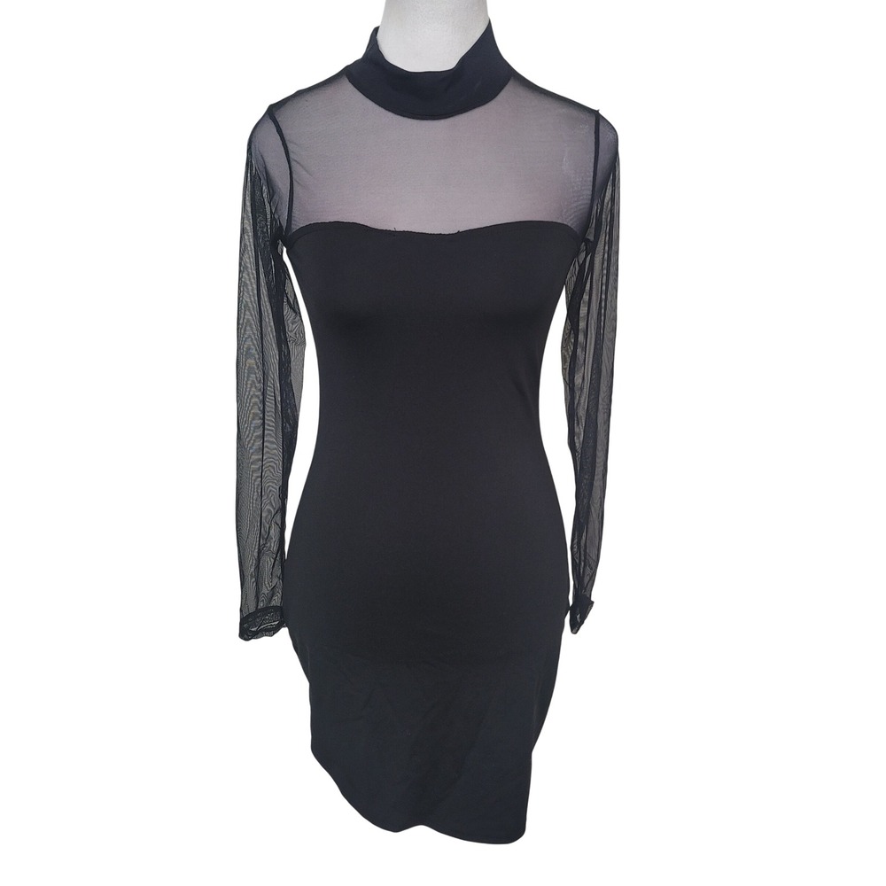 Bodycon Mini Dress Size S Womens Black Sheer‎ Mesh Long Sleeve Mock Neck